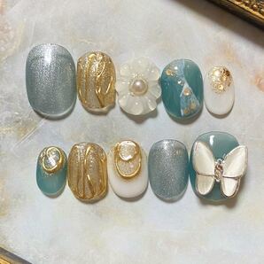 フラワーネイル 蝶々 韓国 花 青 ブルー 大理石 ニュアンス ミラー ゴールド