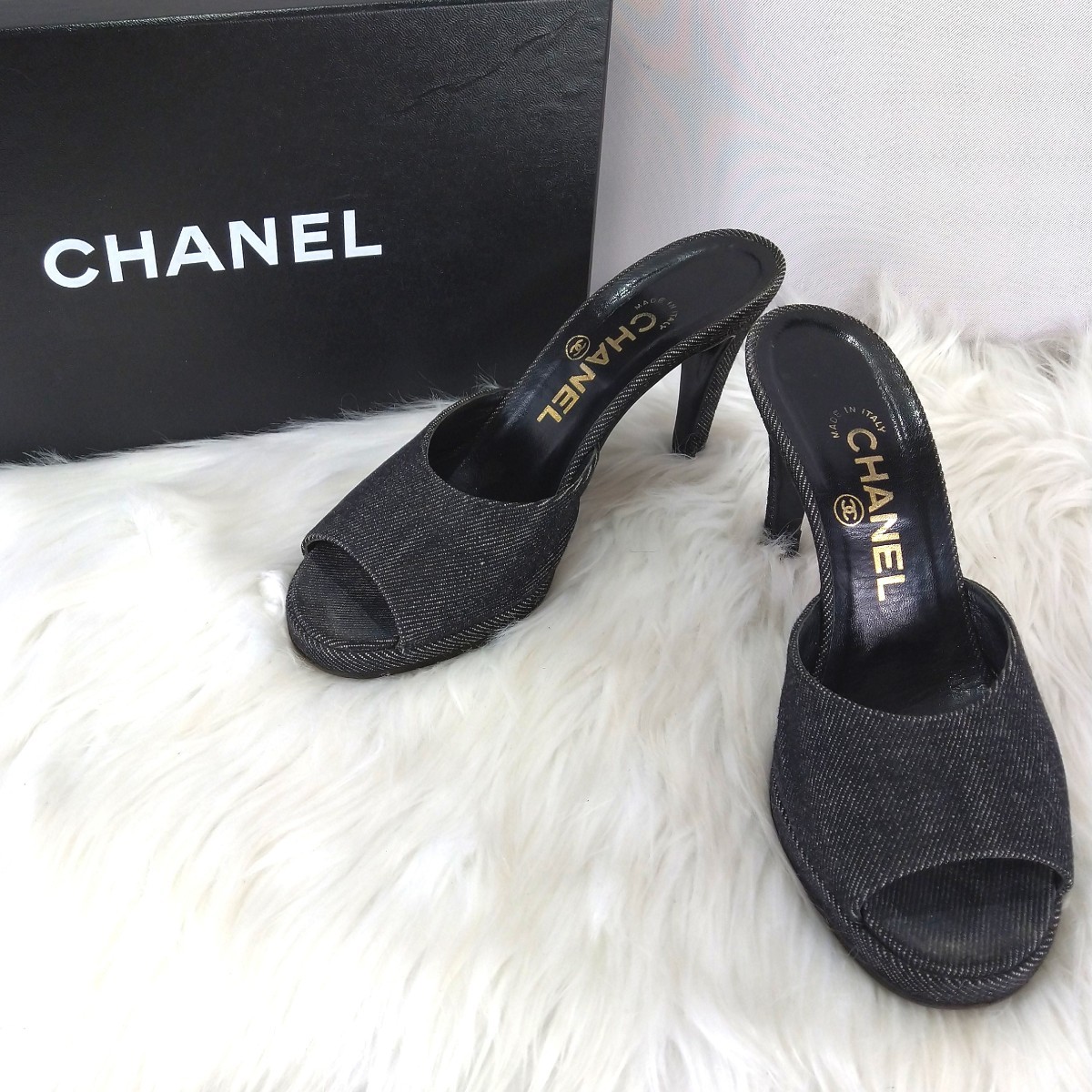 シャネル ココマーク ミュール サンダル ネイビー デニム CHANEL24.5cm