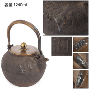 【夢工房】亀文堂 造 鳥 人物図 丸形 鉄瓶　　GB-030