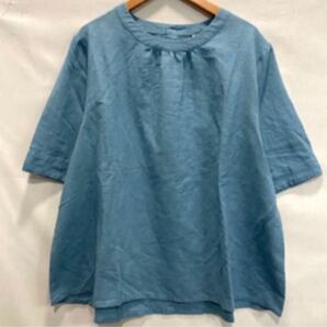 麻六部袖ブラウス ブルー