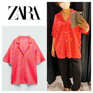 新品　ZARA ジャガードニットシャツ　ピンク　半袖シャツ M 2287