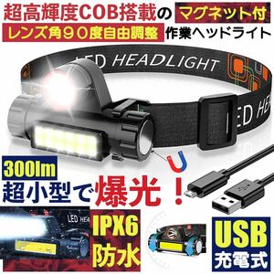 ヘッドライト 充電式 COB LEDヘッドライト USB軽量 高輝度300ルーメンIPX6防水90°調整可 釣り 登山 キャンプ 