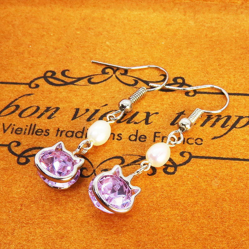 A cute hook earring for adults that combines cat-framed Swarovski (violet) and freshwater pearls. Surgical OK., Handmade, Accessories (for women), Earrings, Earrings