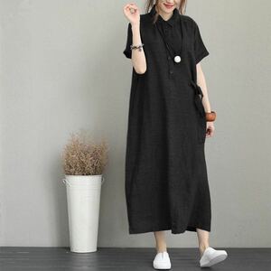 【新品】【ラスト1点】コットン　ロング　ワンピース　無地　黒　半袖　夏服　夏