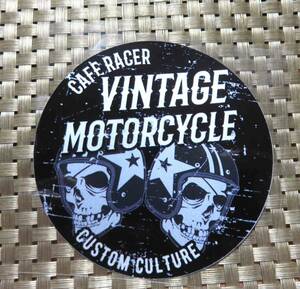 　双頭蓋骨　黒　円型STレトロ◎新品カフェレーサー 　VINTAGE MOTORCYCLE アメリカンバイク　カスタム　RETRO ステッカー防水◆アメリカ