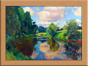 夏の川風景画 A4 ロシアのアート, 絵画, 油彩, 自然、風景画