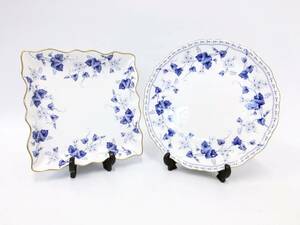 NARUMI ナルミ ソラリア BONE CHINA プレート2枚 四角皿 丸皿 スクエア 陶器 大皿 花柄 フリル ブルー 金彩 食器 大皿