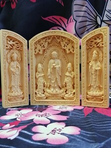 3個　西方三聖像　木彫り　置物 三開 仏 仏像 仏教美術