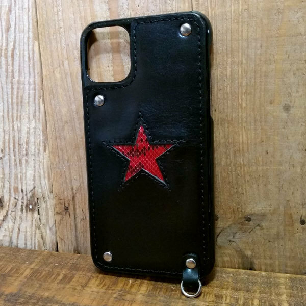 iPhone 13pro Max 用 ハードカバー レザー スマホ スマホケース ダイヤモンドパイソン バイソン スター 星型 革 牛革 ハンドメイド 黒 赤