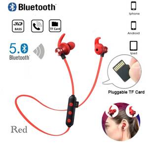 Bluetooth 5.0 イヤホン 両耳 ワイヤレス マイク TF無線 マグネット Siri対応 ハンズフリー通話 iPhone Android 両耳　レッド