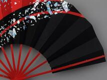 9003,舞扇子 日本舞踊、踊り用 29cm ホログラム箔、赤、黒 朱塗骨 京扇子 箱なし_画像5