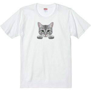 猫の顔・クラシックタビー（アメショ）/半袖Ｔシャツ/メンズM/白・新品・メール便 送料無料