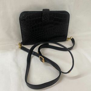  unused storage goods iii sanpo three .JRA recognition tag crocodile shoulder bag wallet back black ko black formal purse 