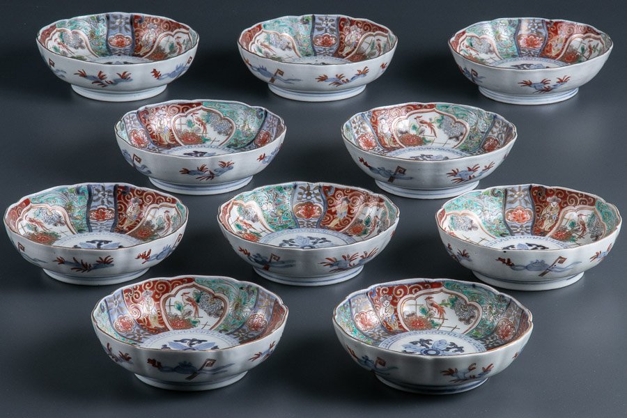 【古伊万里】『 染錦鳳凰花文なます皿 10客 明治時代 12196 』10枚組 色絵 和食器 料亭 日本料理 焼物皿 金彩 時代物 珍味皿 醤油皿 手塩皿