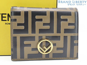 Fendi Fendi Fendi Zukka Pattern Complet Компактный кошелек Черный темно -коричневый золотой кронштейн кожа 8m0420