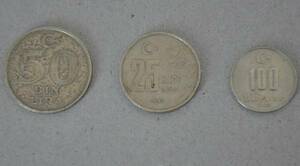 トルコ硬貨 50ビンリラ1998 25BINLIRA1997 100トルコビンリラ コイン 古銭　Turkey Coins 25Bin Lira 100Bin Lira