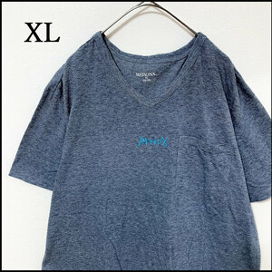 メンズ服ロゴ刺繍Vネック半袖TシャツXL　古着屋 トップス　紺　カジュアル　春夏