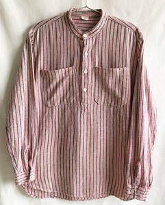 [70's евро Vintage / Голландия производства ] no color тянуть over полоса рубашка /L( меньше. L размер )/ розовый × серый / фланель (jt-227-1d)