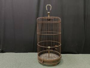 M17021[ bamboo made bird cage ] wooden bird . height 70cm bird hanging lowering type bird gauge interior display antique 