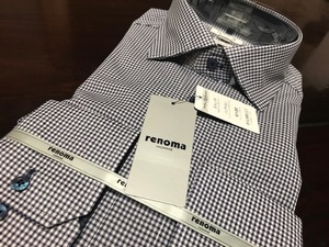 renoma　HOMME☆形態安定　紺チェック　セミワイドワイシャツ　L(41-86)　スリムフィット　ストレッチ素材