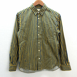 s# United Arrows /B&Y stripe pattern . with pocket long sleeve shirt [S] navy blue yellow /MENS/73[ used ]