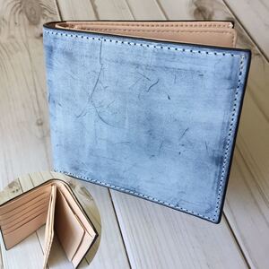 新作品 ブルー系 ハンドメイド 新品 ブライドレザー ヌメ革本革 コンパクト ミニ財布 二つ折り財布 小銭入れあり 人気商品/