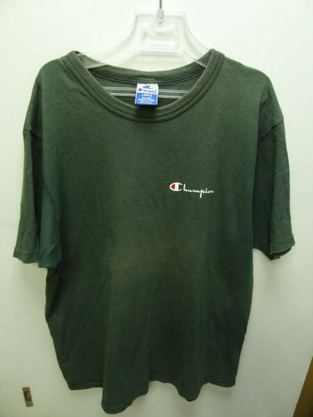 全国送料無料 アメリカ USA古着 80-90年代 チャンピオン Champion MADE IN USA メンズ 半袖 左胸ロゴプリント深緑色Tシャツ L