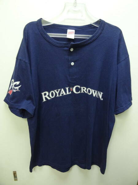 全国送料無料 アメリカ USA古着 80-90年代 MADE IN USA ローヤル(ロイヤル)クラウンコーラ ROYAL CROWN メンズ 半袖 ヘンリー紺色Tシャツ L
