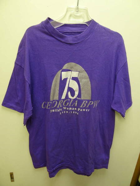 全国送料無料 アメリカ USA古着 80-90年代 レディース ラメ入りキラキラプリント BPW Builds Woman Power 紫色 半袖Tシャツ L