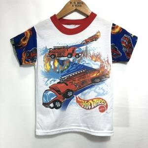 ■ レスキュー！ 子供用 90s 90年代 ビンテージ Hot Wheels ホットウィール イラストプリント 切り替えし 半袖 Tシャツ 消防車 ミニカー ■