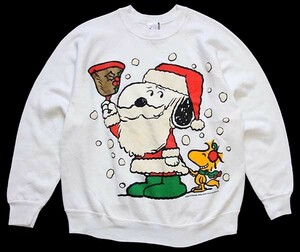 ★90s USA製 SNOOPY スヌーピー ウッドストック クリスマス サンタクロース 発泡プリント スウェット 白 M★オールド キャラ ピーナッツ