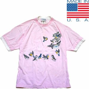 1点物◆USA製ピンク小鳥プリントTシャツ古着メンズLレディースOKアメカジブランド90sストリート/スポーツMixアメリカ製アニマル動物994432