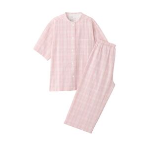 新品 《無印良品》脇に縫い目のない サッカー織 パジャマ 半袖7分丈パンツ ピンクチェック柄 Mサイズ