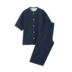 新品 《無印良品》脇に縫い目のない サッカー織 パジャマ 半袖7分丈パンツ ダークネイビー Lサイズ