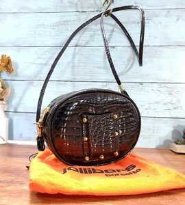  Italy made * crocodile leather pochette Mini shoulder bag round shape black with pocket real black kowani leather Vintage 