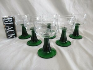 レトロ■リキュールグラス■6個セット　6種/馬彫刻　ミニグラス　ガラス　グリーン　デザートカップ　ワイングラス