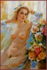 ☆油彩画　グラマーな娘からほとばしる色香と気品　「薔薇と裸婦」　　　　　　CO