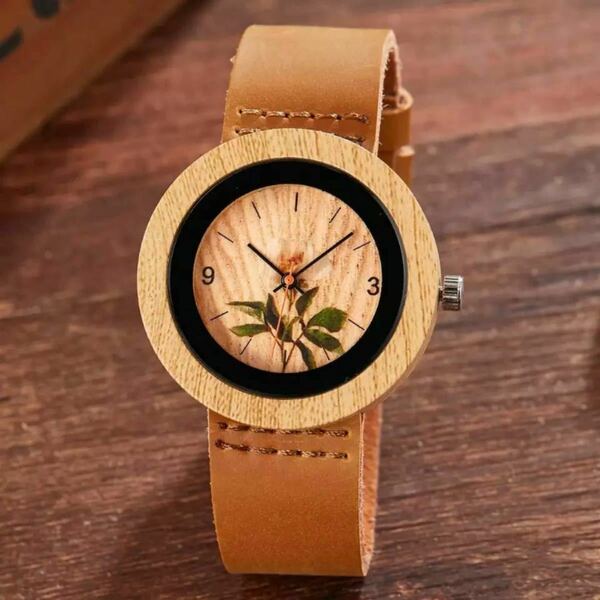 腕時計 クォーツ 木の時計 お花