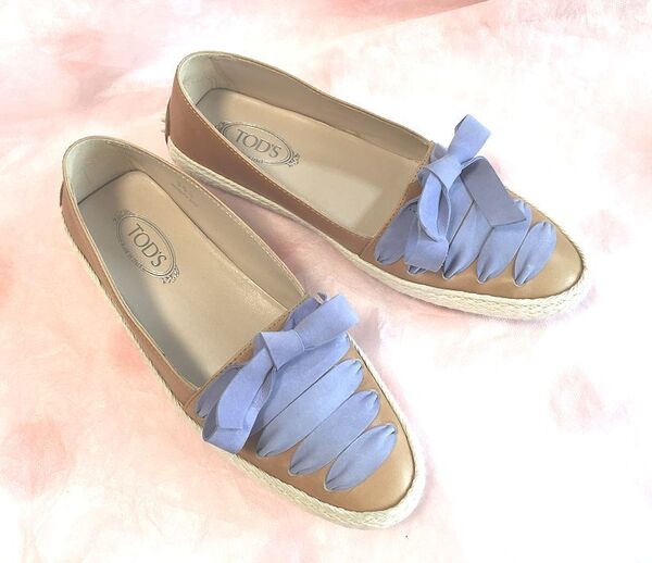 最終価格★TOD’S トッズ★レースアップ・レザー・ローファー・ベージュ×ライトパープル・サイズ5.5・22.5cm前後★美品