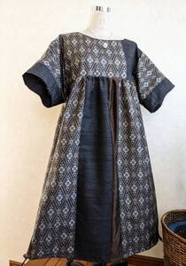 着物リメイク ◆切り替え ギャザー チュニック ワンピース 大島紬 着物 正絹 ハンドメイド 大きいサイズ ゆったり 花菱 上質大島
