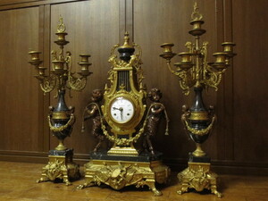 最高級 イタリア Imperial インペリアル 大理石 エンジェル 天使 オルモル装飾 燭台付き テンプ式 手巻き マントルクロック/置時計/機械式