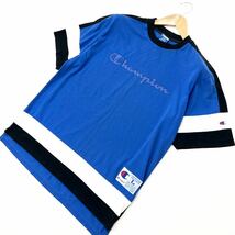 チャンピオン ☆ champion 90s 半袖 Tシャツ ブルー ブラック ホワイト L レトロスポーツ感が最高♪ ストリート アメカジ 古着MIX■DJ124_画像1