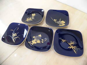 【中古品】　秀陶　和風陶器　お皿　5客セット　鮮やかブルーの平皿　金色花の絵皿