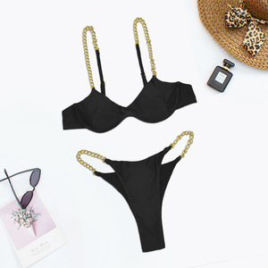 * Gold metal chain wire entering high leg bikini sexy bikini swimsuit set * black 2053