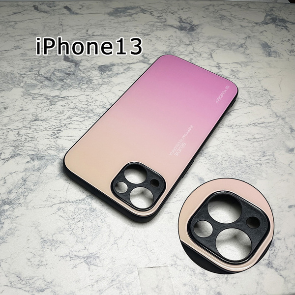 カメラ部保護モデル iPhone 13 ケース アイフォン13 ケース 強化ガラス グラデーションデザイン☆ピンク系