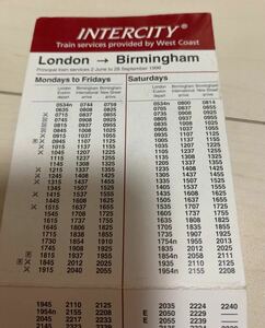 値下げ！イギリス鉄道 インターシティ時刻表 ロンドンーバーミンガム 1996年