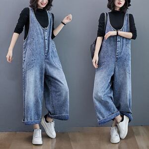 サロペット オーバーオール オールインワン ボトムス デニム ワイドパンツ ジーンズ レディース マタニティ つなぎ インディゴ M 青 ブルー