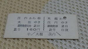 同和鉱業小坂鉄道　Ｂ型硬券往復券　大館から茂内ゆき　２等１６０円