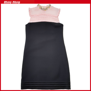 新品ミュウミュウmiu miuバイカラービジュードレスワンピース ピンク×黒38★