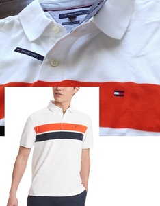 【既決USA】トミーヒルフィガー★ TOMMY HILFIGER@完売胸元刺繍【Tommy Flag】半袖ポロシャツ【TH Men's Paul Stripe Polo Shirt】白@@XL